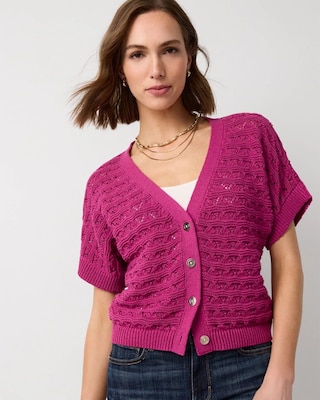 Cotton-Blend Short Sleeve Cardigan | White House Black Market